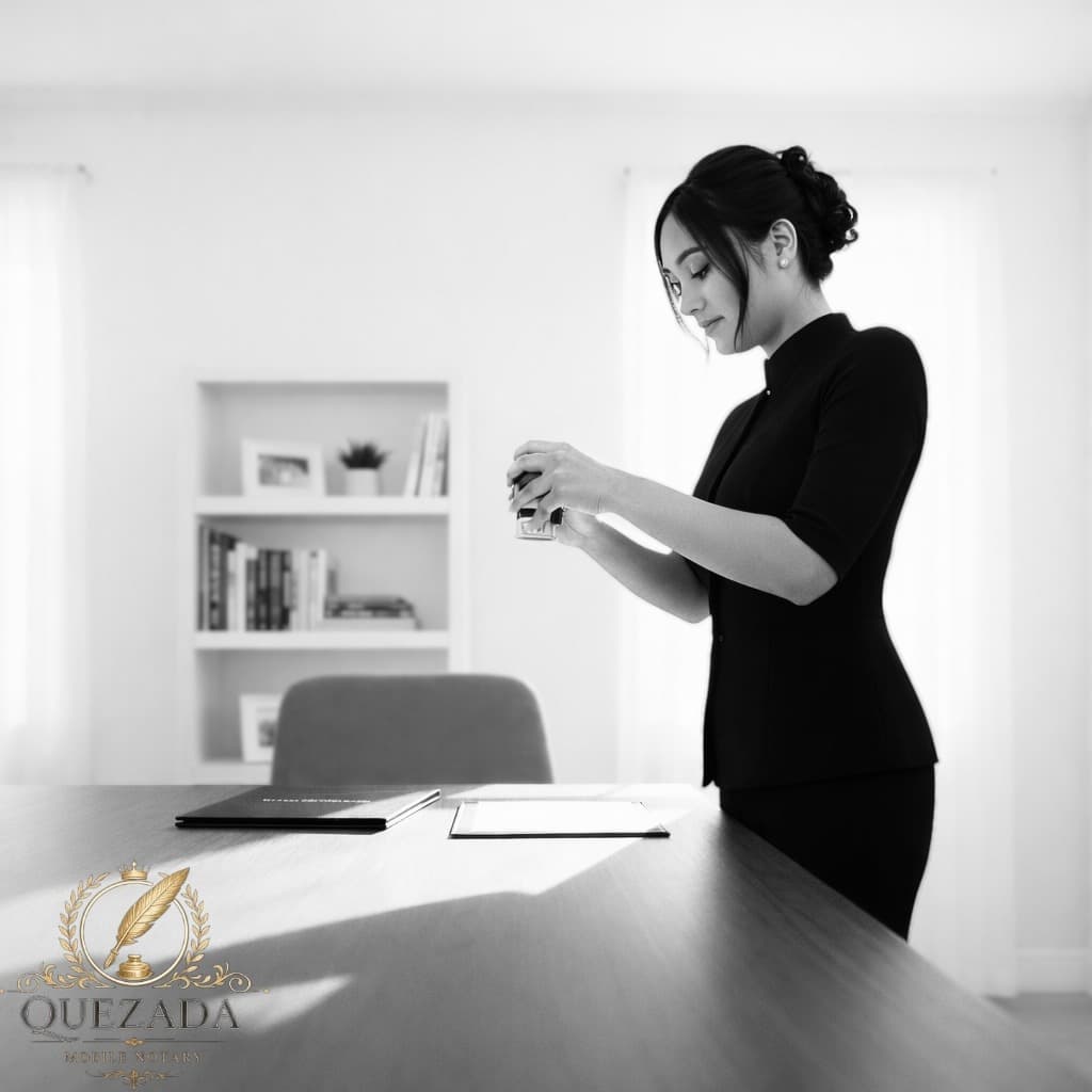 Marissa stamping and notarizing a document